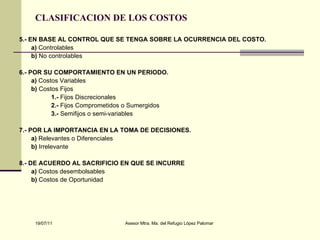 5.- EN BASE AL CONTROL QUE SE TENGA SOBRE LA OCURRENCIA DEL COSTO. a)  Controlables  b)  No controlables  6.- POR SU COMPORTAMIENTO EN UN PERIODO. a)  Costos Variables b)  Costos Fijos 1.-  Fijos Discrecionales 2.-  Fijos Comprometidos o Sumergidos 3.-  Semifijos o semi-variables 7.- POR LA IMPORTANCIA EN LA TOMA DE DECISIONES. a)  Relevantes o Diferenciales  b)  Irrelevante 8.- DE ACUERDO AL SACRIFICIO EN QUE SE INCURRE a)  Costos desembolsables  b)  Costos de Oportunidad CLASIFICACION DE LOS COSTOS 