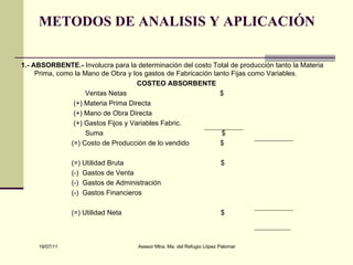 METODOS DE ANALISIS Y APLICACIÓN 1.- ABSORBENTE.-  Involucra para la determinación del costo Total de producción tanto la Materia Prima, como la Mano de Obra y los gastos de Fabricación tanto Fijas como Variables. COSTEO ABSORBENTE Ventas Netas  $ (+) Materia Prima Directa (+) Mano de Obra Directa  (+) Gastos Fijos y Variables Fabric.  Suma  $  (=) Costo de Producción de lo vendido  $ (=) Utilidad Bruta  $ (-)  Gastos de Venta  (-)  Gastos de Administración  (-)  Gastos Financieros  (=) Utilidad Neta  $  