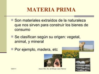 MATERIA PRIMA   Son materiales extraídos de la naturaleza que nos sirven para construir los bienes de consumo Se clasifican según su origen: vegetal, animal, y mineral Por ejemplo, madera, etc 