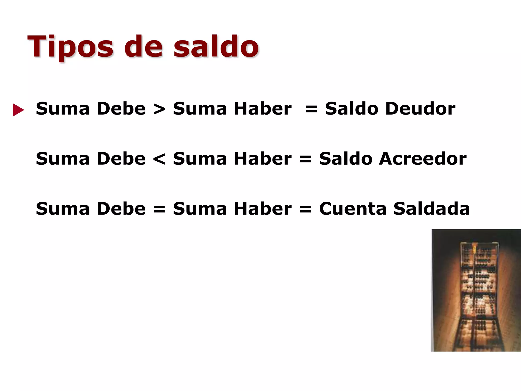 Tipos de saldo
Suma Debe > Suma Haber = Saldo Deudor
Suma Debe < Suma Haber = Saldo Acreedor
Suma Debe = Suma Haber = Cuenta Saldada
 