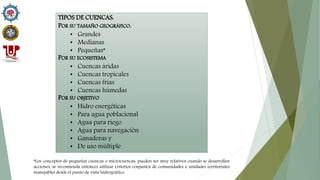 TIPOS DE CUENCAS:
POR SU TAMAÑO GEOGRÁFICO.
• Grandes
• Medianas
• Pequeñas*
POR SU ECOSISTEMA
• Cuencas áridas
• Cuencas tropicales
• Cuencas frías
• Cuencas húmedas
POR SU OBJETIVO
• Hidro energéticas
• Para agua poblacional
• Agua para riego
• Agua para navegación
• Ganaderas y
• De uso múltiple
*Los conceptos de pequeñas cuencas o microcuencas, pueden ser muy relativos cuando se desarrollen
acciones, se recomienda entonces utilizar criterios conjuntos de comunidades o unidades territoriales
manejables desde el punto de vista hidrográfico.
 