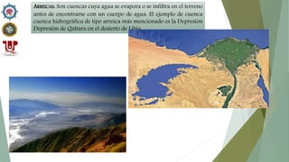 ARREICAS: Son cuencas cuya agua se evapora o se infiltra en el terreno
antes de encontrarse con un cuerpo de agua. El ejemplo de cuenca
cuenca hidrográfica de tipo arreica más mencionado es la Depresión
Depresión de Qattara en el desierto de Libia.
 