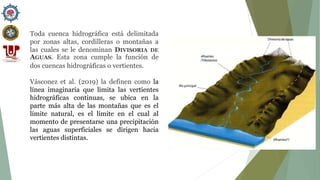 Toda cuenca hidrográfica está delimitada
por zonas altas, cordilleras o montañas a
las cuales se le denominan DIVISORIA DE
AGUAS. Esta zona cumple la función de
dos cuencas hidrográficas o vertientes.
Vásconez et al. (2019) la definen como la
línea imaginaria que limita las vertientes
hidrográficas continuas, se ubica en la
parte más alta de las montañas que es el
límite natural, es el límite en el cual al
momento de presentarse una precipitación
las aguas superficiales se dirigen hacia
vertientes distintas.
 