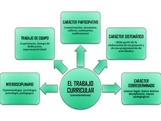 EL TRABAJO
CURRICULAR
(características)
INTERDISCIPLINARIO
(Epistemología, sociología,
psicología, pedagogía)
TRABAJO DE EQUIPO
(experiencia, tiempo de
dedicación,
representatividad)
CARÁCTER PARTICIPATIVO
(cuestionarios, encuestas,
talleres, seminarios,
conferencias)
CARÁCTER SISTEMÁTICO
(debe partir de la
elaboración de un proyecto y
de una programación de
actividades)
CARÁCTER
SOBREDERMINADO
(marco legal, marco teórico
disciplinario, marco
pedagógico)
 