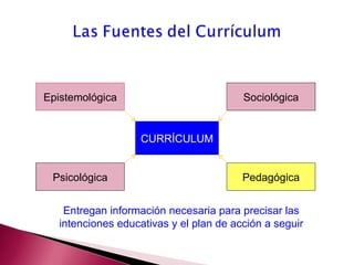CURRÍCULUM Epistemológica Sociológica Psicológica Pedagógica Entregan información necesaria para precisar las intenciones educativas y el plan de acción a seguir 