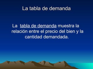 La tabla de demanda La  tabla de demanda  muestra la relación entre el precio del bien y la cantidad demandada.  