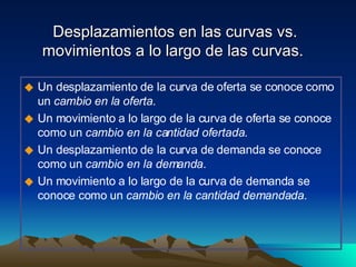 Desplazamientos en las curvas vs. movimientos a lo largo de las curvas.  Un desplazamiento de la curva de oferta se conoce como un  cambio en la oferta . Un movimiento a lo largo de la curva de oferta se conoce como un  cambio en la cantidad ofertada . Un desplazamiento de la curva de demanda se conoce como un  cambio en la demanda . Un movimiento a lo largo de la curva de demanda se conoce como un  cambio en la cantidad demandada . 