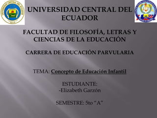 UNIVERSIDAD CENTRAL DEL
        ECUADOR
FACULTAD DE FILOSOFÍA, LETRAS Y
   CIENCIAS DE LA EDUCACIÓN

CARRERA DE EDUCACIÓN PARVULARIA


  TEMA: Concepto de Educación Infantil

            ESTUDIANTE:
           -Elizabeth Garzón

          SEMESTRE: 5to “A”
 