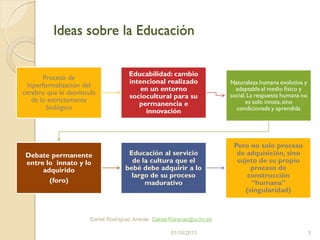 Ideas sobre la Educación
Proceso de
hiperformalización del
cerebro que le desvincula
de lo estrictamente
biológico
Educabilidad: cambio
intencional realizado
en un entorno
sociocultural para su
permanencia e
innovación
Naturaleza humana evolutiva y
adaptable al medio físico y
social.La respuesta humana no
es solo innata,sino
condicionada y aprendida
Debate permanente
entre lo innato y lo
adquirido
(foro)
Educación al servicio
de la cultura que el
bebé debe adquirir a lo
largo de su proceso
madurativo
Pero no solo proceso
de adquisición, sino
sujeto de su propio
proceso de
construcción
“humana”
(singularidad)
01/10/2013
Daniel Rodríguez Arenas. Daniel.Rarenas@uclm.es
5
 