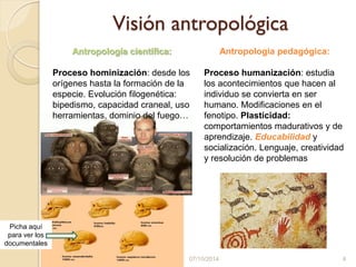 Visión antropológica
07/10/2014 4
Antropología científica:
Proceso hominización: desde los
orígenes hasta la formación de la
especie. Evolución filogenética:
bipedismo, capacidad craneal, uso
herramientas, dominio del fuego…
Antropología pedagógica:
Proceso humanización: estudia
los acontecimientos que hacen al
individuo se convierta en ser
humano. Modificaciones en el
fenotipo. Plasticidad:
comportamientos madurativos y de
aprendizaje. Educabilidad y
socialización. Lenguaje, creatividad
y resolución de problemas
Picha aquí
para ver los
documentales
 