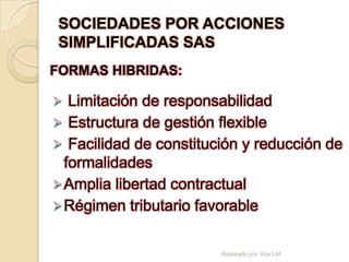SOCIEDADES POR ACCIONES
 SIMPLIFICADAS SAS
FORMAS HIBRIDAS:

  Limitación de responsabilidad
 Estructura de gestión flexible
 Facilidad de constitución y reducción de
  formalidades
 Amplia libertad contractual
 Régimen tributario favorable


                        Realizado por: Rox LM
 