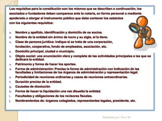 Los requisitos para la constitución son los mismos que se describen a continuación, los
asociados o fundadores deben comparece ante la notaria, en forma personal o mediante
apoderado a otorgar el instrumento público que debe contener los estatutos
con los siguientes requisitos:


a.   Nombre y apellido, identificación y domicilio de os socios.
b.   Nombre de la entidad sin ánimo de lucro y su sigla, si la tiene.
c.   Clase de persona jurídica: indique si se trata de una corporación,
     fundación, cooperativa, fondo de empleados, asociación, etc.
a.   Domicilio principal, ciudad o municipio.
b.   Objeto social: una enunciación clara y completa de las actividades principales a las que se
     dedicara la entidad.
c.   Patrimonio y forma de hacer los aportes.
d.   Forma de administración: Precisa la forma de administración con Indicación de las
     facultades y limitaciones de los órganos de administración y representación legal.
e.   Periodicidad de reuniones ordinarias y casos de reuniones extraordinarias.
f.   Duración precisa de la entidad.
g.   Causales de disolución
h.   Forma de hacer la liquidación una vez disuelta la entidad.
i.   Facultades y obligaciones de los revisores fiscales.
j.   Nombramientos de: órganos colegiados, representantes legales, presidente, etc.




                                                                   Realizado por: Rox LM
 