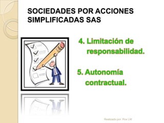 SOCIEDADES POR ACCIONES
SIMPLIFICADAS SAS

           4. Limitación de
              responsabilidad.

          5. Autonomía
             contractual.



                  Realizado por: Rox LM
 