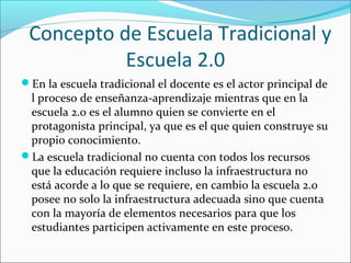 Concepto de Escuela Tradicional y
           Escuela 2.0
En la escuela tradicional el docente es el actor principal de
 l proceso de enseñanza-aprendizaje mientras que en la
 escuela 2.0 es el alumno quien se convierte en el
 protagonista principal, ya que es el que quien construye su
 propio conocimiento.
La escuela tradicional no cuenta con todos los recursos
 que la educación requiere incluso la infraestructura no
 está acorde a lo que se requiere, en cambio la escuela 2.0
 posee no solo la infraestructura adecuada sino que cuenta
 con la mayoría de elementos necesarios para que los
 estudiantes participen activamente en este proceso.
 