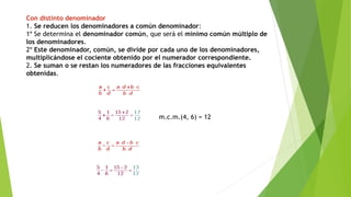 Con distinto denominador
1. Se reducen los denominadores a común denominador:
1º Se determina el denominador común, que será el mínimo común múltiplo de
los denominadores.
2º Este denominador, común, se divide por cada uno de los denominadores,
multiplicándose el cociente obtenido por el numerador correspondiente.
2. Se suman o se restan los numeradores de las fracciones equivalentes
obtenidas.
m.c.m.(4, 6) = 12
 