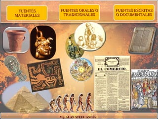 FUENTES     FUENTES ORALES O       FUENTES ESCRITAS
MATERIALES    TRADICIONALES         O DOCUMENTALES




             Mg. ALAN STEEL ANDÍA
 
