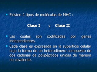Existen 2 tipos de moléculas de MHC : Clase I   y  Clase II Las cuales son codificadas por genes independientes. Cada clase es expresada en la superficie celular bajo la forma de un heterodimero compuesto de dos cadenas de polipéptidos unidas de manera no covalente. 