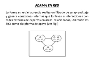 FORMA EN RED
La forma en red el aprendiz realiza un filtrado de su aprendizaje
y genera conexiones internas que lo llevan a interacciones con
redes externas de expertos en áreas relacionadas, utilizando las
TICs como plataforma de apoyo (ver Fig.)
 