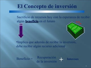 Sacrificio de recursos hoy con la esperanza de recibir algún  beneficio  en el futuro Implica que además de recibir la inversión, debe recibir algún recurso adicional . Beneficio =  Recuperación de la inversión + El Concepto de inversión Intereses 