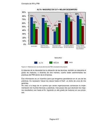 Concepto de IPA y PMI
Pagina 4/17
Figura 2.3. Madurez en el uso de las técnicas del PMI x resultados del proyecto
b) Además de la intensidad de la utilización de las técnicas, también es relevante el
grado de madurez, o diciendo de otra manera, cuanto están sedimentadas las
practicas del PMI dentro de la Empresa.
Esa información es un incentivo para que tengamos persistencia en el uso de las
prácticas. Es necesario “clavar los clavos hasta el final”, un dicho de unos de mis
gerentes.
He visto a lo largo de mi carrera que varias organizaciones comienzan la imple-
mentación de muchas técnicas y prácticas, mas pocas (las que alcanzan los mejo-
res resultados) van hasta el fin, logrando un alto grado de madurez en sus proce-
sos.
ALTA MADUREZ EN G.P.= MEJOR DESEMPEÑO
EN PLAZO DENTRO DEL
PRESUPUESTO
MUCHOS CAM-
BIOS EN ALCANCE
ALCANZÓ OBJETI-
VO DEL NEGOCIO
RESULTADOS
DE PROYECTOS
MEJORANDO
MADUREZ
BAJA
 