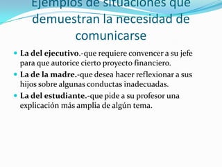 Ejemplos de situaciones que
demuestran la necesidad de
comunicarse
 La del ejecutivo.-que requiere convencer a su jefe
para que autorice cierto proyecto financiero.
 La de la madre.-que desea hacer reflexionar a sus
hijos sobre algunas conductas inadecuadas.
 La del estudiante.-que pide a su profesor una
explicación más amplia de algún tema.
 
