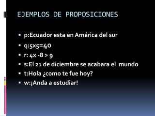 EJEMPLOS DE PROPOSICIONES

 p:Ecuador esta en América del sur
 q:5x5=40
 r: 4x -8 > 9
 s:El 21 de diciembre se acabara el mundo
 t:Hola ¿como te fue hoy?
 w:¡Anda a estudiar!
 