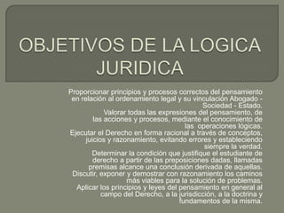 Proporcionar principios y procesos correctos del pensamiento
en relación al ordenamiento legal y su vinculación Abogado Sociedad - Estado.
Valorar todas las expresiones del pensamiento, de
las acciones y procesos, mediante el conocimiento de
las operaciones lógicas.
Ejecutar el Derecho en forma racional a través de conceptos,
juicios y razonamiento, evitando errores y estableciendo
siempre la verdad.
Determinar la condición que justifique el estudiante de
derecho a partir de las preposiciones dadas, llamadas
premisas alcance una conclusión derivada de aquellas.
Discutir, exponer y demostrar con razonamiento los caminos
más viables para la solución de problemas.
Aplicar los principios y leyes del pensamiento en general al
campo del Derecho, a la jurisdicción, a la doctrina y
fundamentos de la misma.

 