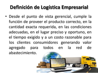 Definición de Logística Empresarial
• Desde el punto de vista gerencial, cumple la
función de proveer el producto correcto, en la
cantidad exacta requerida, en las condiciones
adecuadas, en el lugar preciso y oportuno, en
el tiempo exigido y a un costo razonable para
agregado para todos en la red
los clientes consumidores generando valor
de
abastecimiento.
 