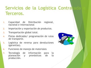 Servicios de la Logística Contratada a
Terceros.
1. Capacidad de Distribución regional,
nacional e internacional
2. Importación y exportación de productos.
3. Transportación global total.
4. Flotas dedicadas/ programación de rutas
de transporte.
5. Logística de reversa para devoluciones
(garantías).
6. Funciones de manejo de materiales
7. Tecnología de información para la
planeación y pronósticos de la
producción.
 