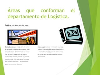 Áreas que conforman el
departamento de Logística.
Tráfico Operativo: se encarga de la planeación Tráfico Legal: realiza los trámites ante aduanas y
de los tipos de transporte (barco, camión, avión, prepara la documentación necesaria tanto para la
tren) utilizados en el movimiento de las mercan- importación como la exportación de mercancías
cías, así como la asignación de las rutas de que forman parte de las actividades de Comercio
recolección de materias primas de los proveedo- Internacional.
res, así como de envío de productos terminados
a los clientes. Seleccionan a los transportistas
y a los representantes aduanales.
Tráfico: hay a su vez dos tipos:
 
