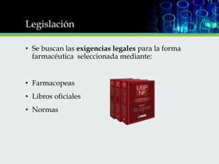 Legislación
• Se buscan las exigencias legales para la forma
farmacéutica seleccionada mediante:
• Farmacopeas

• Libros oficiales
• Normas

 
