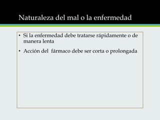 Naturaleza del mal o la enfermedad
• Si la enfermedad debe tratarse rápidamente o de
manera lenta
• Acción del fármaco debe ser corta o prolongada

 