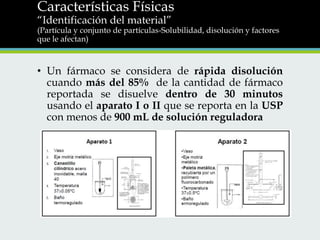 Características Físicas
“Identificación del material”

(Partícula y conjunto de partículas-Solubilidad, disolución y factores
que le afectan)

• Un fármaco se considera de rápida disolución
cuando más del 85% de la cantidad de fármaco
reportada se disuelve dentro de 30 minutos
usando el aparato I o II que se reporta en la USP
con menos de 900 mL de solución reguladora

 