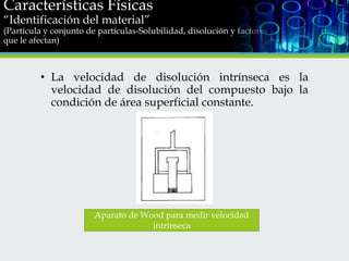 Características Físicas
“Identificación del material”

(Partícula y conjunto de partículas-Solubilidad, disolución y factores
que le afectan)

• La velocidad de disolución intrínseca es la
velocidad de disolución del compuesto bajo la
condición de área superficial constante.

Aparato de Wood para medir velocidad
intrínseca

 