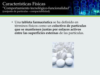 Características Físicas

“Comportamiento tecnológico-funcionalidad”
(conjunto de partículas – compactabilidad)

• Una tableta farmacéutica se ha definido en
términos físicos como un colectivo de partículas
que se mantienen juntas por enlaces activos
entre las superficies externas de las partículas.

 