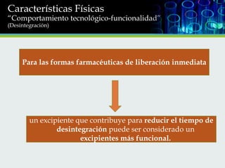 Características Físicas

“Comportamiento tecnológico-funcionalidad”
(Desintegración)

Para las formas farmacéuticas de liberación inmediata

un excipiente que contribuye para reducir el tiempo de
desintegración puede ser considerado un
excipientes más funcional.

 