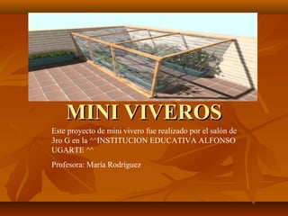 MINI VIVEROSMINI VIVEROS
Este proyecto de mini vivero fue realizado por el salón de
3ro G en la ^^INSTITUCION EDUCATIVA ALFONSO
UGARTE ^^
Profesora: María Rodríguez
 