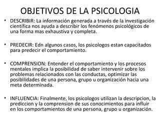 OBJETIVOS DE LA PSICOLOGIA DESCRIBIR: La información generada a través de la investigación científica nos ayuda a describir los fenómenos psicológicos de una forma mas exhaustiva y completa. PREDECIR: Edn algunos casos, los psicologos estan capacitados para predecir el comportamiento. COMPRENSION: Entender el comportamiento y los procesos mentales implica la posibilidad de saber intervenir sobre los problemas relacionados con las conductas, optimizar las posibilidades de una persona, grupo u organización hacia una meta determinada. INFLUENCIA: Finalmente, los psicologos utilizan la descripcion, la prediccion y la comprension de sus conocimientos para influir en los comportamientos de una persona, grupo u organización. 