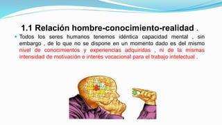 1.1 Relación hombre-conocimiento-realidad .
 Todos los seres humanos tenemos idéntica capacidad mental , sin
embargo , de lo que no se dispone en un momento dado es del mismo
nivel de conocimientos y experiencias adquiridas , ni de la mismas
intensidad de motivación e interés vocacional para el trabajo intelectual .
 