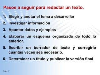 Pasos a seguir para redactar un texto.
1. Elegir y anotar el tema a desarrollar
2. Investigar información
3. Apuntar datos y ejemplos
4. Elaborar un esquema organizado de todo lo
anterior.
5. Escribir un borrador de texto y corregirlo
cuantas veces sea necesario.
6. Determinar un título y publicar la versión final
Page  4

 