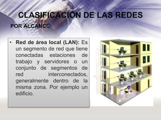 CLASIFICACIÓN DE LAS REDES
POR ALCANCE
• Red de área local (LAN): Es
un segmento de red que tiene
conectadas estaciones de
trabajo y servidores o un
conjunto de segmentos de
red
interconectados,
generalmente dentro de la
misma zona. Por ejemplo un
edificio.

 