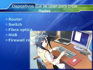 Dispositivos que se usan para crear
                  Redes
Router
Switch
Fibra optica
HUB
Firewall router
 