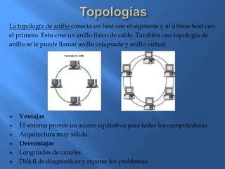 La topología de anillo conecta un host con el siguiente y al último host con
el primero. Esto crea un anillo físico de cable. También una topología de
anillo se le puede llamar anillo colapsado y anillo virtual.




   Ventajas
   El sistema provee un acceso equitativo para todas las computadoras.
   Arquitectura muy sólida.
   Desventajas
   Longitudes de canales
   Difícil de diagnosticar y reparar los problemas.
 