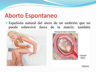  Expulsión natural del útero de un embrión que no
puede sobrevivir fuera de la matriz; también
denominado malparto.
Aborto Espontaneo
 