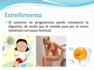  El aumento de progesterona puede entorpecer la
digestión, de modo que la comida pasa por el tracto
intestinal con mayor lentitud.
Estreñimiento
 