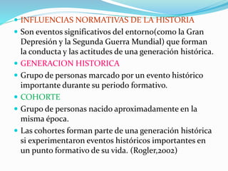  INFLUENCIAS NORMATIVAS DE LA HISTORIA
 Son eventos significativos del entorno(como la Gran
Depresión y la Segunda Guerra Mundial) que forman
la conducta y las actitudes de una generación histórica.
 GENERACION HISTORICA
 Grupo de personas marcado por un evento histórico
importante durante su periodo formativo.
 COHORTE
 Grupo de personas nacido aproximadamente en la
misma época.
 Las cohortes forman parte de una generación histórica
si experimentaron eventos históricos importantes en
un punto formativo de su vida. (Rogler,2002)
 
