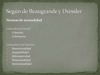 Normas de textualidadCentrada en el texto:CohesiónCoherenciaCentradas en el usuario:IntencionalidadAceptabilidadInformatividadSituacionalidadIntertextualidadSegún de Beaugrande y Dressler