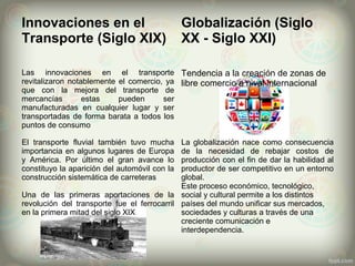 Innovaciones en el 
Transporte (Siglo XIX)
Globalización (Siglo 
XX - Siglo XXI)
Las innovaciones en el transporte
revitalizaron notablemente el comercio, ya
que con la mejora del transporte de
mercancías estas pueden ser
manufacturadas en cualquier lugar y ser
transportadas de forma barata a todos los
puntos de consumo
Tendencia a la creación de zonas de
libre comercio a nivel internacional
El transporte fluvial también tuvo mucha
importancia en algunos lugares de Europa
y América. Por último el gran avance lo
constituyo la aparición del automóvil con la
construcción sistemática de carreteras
Una de las primeras aportaciones de la
revolución del transporte fue el ferrocarril
en la primera mitad del siglo XIX
La globalización nace como consecuencia
de la necesidad de rebajar costos de
producción con el fin de dar la habilidad al
productor de ser competitivo en un entorno
global.
Este proceso económico, tecnológico,
social y cultural permite a los distintos
países del mundo unificar sus mercados,
sociedades y culturas a través de una
creciente comunicación e
interdependencia.
 