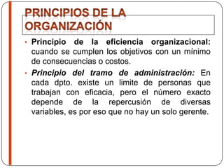 • Principio de la eficiencia organizacional:
cuando se cumplen los objetivos con un mínimo
de consecuencias o costos.
• Principio del tramo de administración: En
cada dpto. existe un limite de personas que
trabajan con eficacia, pero el número exacto
depende de la repercusión de diversas
variables, es por eso que no hay un solo gerente.
 