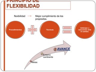 flexibilidad
Procedimientos Técnicas
Anticipar y
reaccionar ante
el cambio.
Mejor cumplimiento de los
propósitos.
Metas
Entorno
cambiante
AVANCE
 